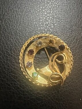 Gold Filled Circular Brooch with Multi-Colored Stones